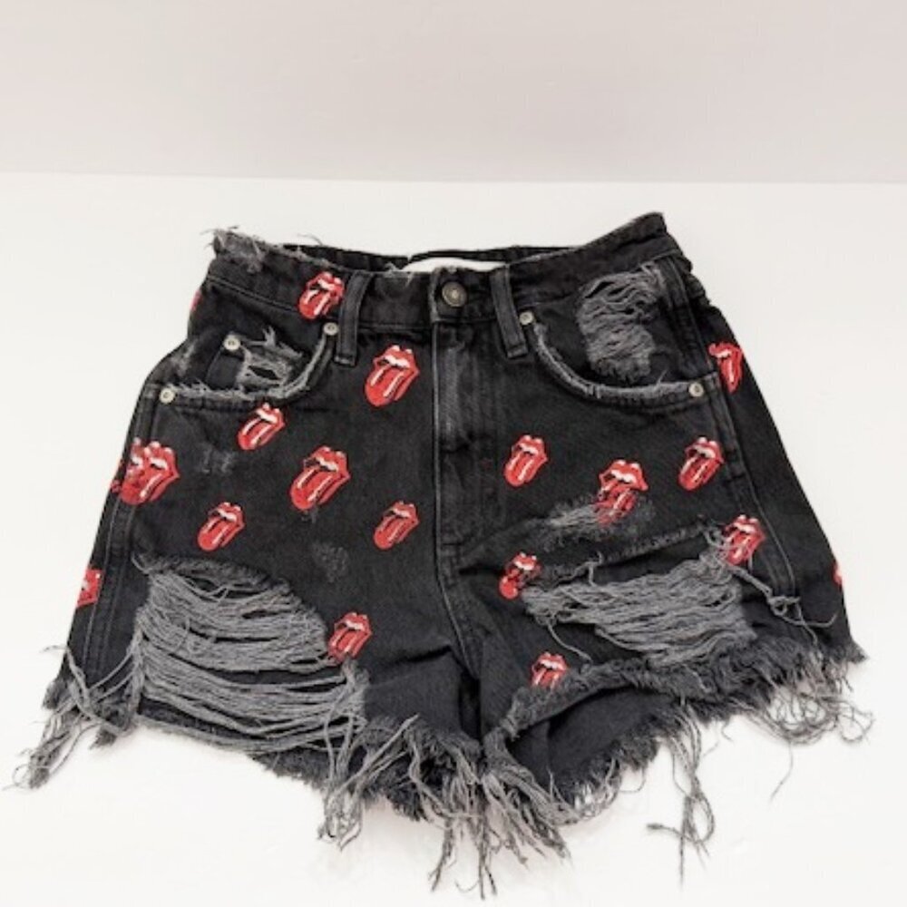 Zara Rolling Stones Tongue Logo Print Black Distressed Denim Shorts Size 00
